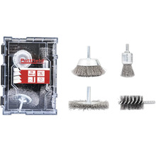 Pattfield stålborstsats med olika borstfästen i förvaringslåda