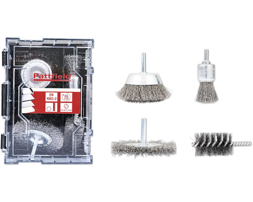 Trådborstset PATTFIELD rundskaft stål Ø25/28/45/75mm 4-delar Pattfield stålborstsats med olika borstfästen i förvaringslåda