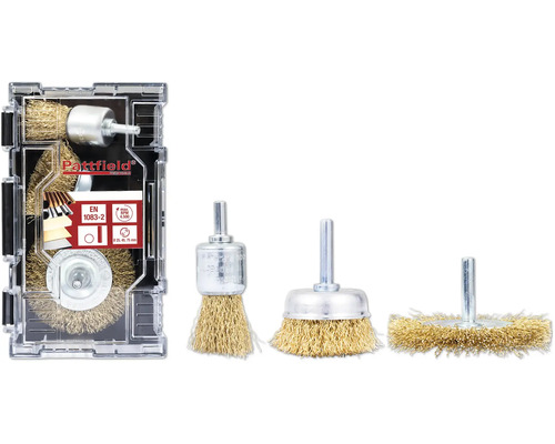 Trådborstset PATTFIELD runt skaft mässing Ø25/45/75mm 3-delar Pattfield stålborstsats för borrmaskiner, fyra olika borstar