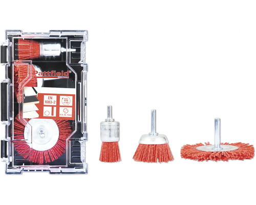 Nylonborstset PATTFIELD runt skaft Ø25/45/75mm 3-delar Pattfield stålborstsats för borrmaskiner, inklusive tre borstformer i förvaringslåda