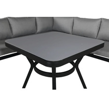 Trädgårdsbord med metallram och hörnsoffa med dynor