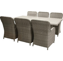 Uteplatsgrupp med sex rottingstolar och bord med glasskiva