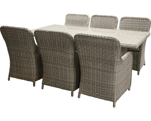 Uteplatsgrupp med sex rottingstolar och bord med glasskiva