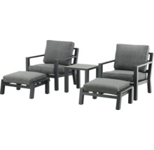 Trädgårdsmöbelset med två stolar, två fotpallar och ett bord