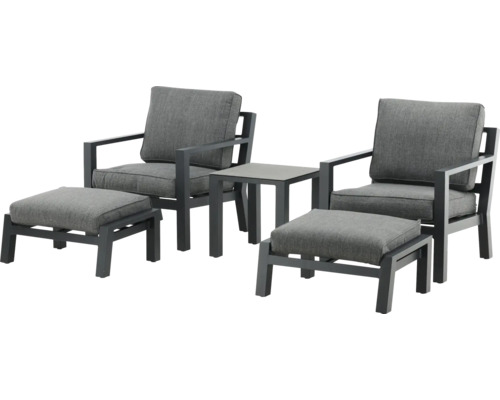 Trädgårdsmöbelset med två stolar, två fotpallar och ett bord