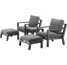 Trädgårdsmöbelset med två fåtöljer, två pallar och ett bord