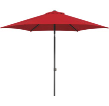 Rött trädgårdsparasoll med svart stativ