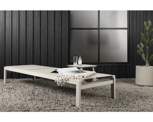 Trädgårdsscen med solstol, sidobord, drycker, bok och kaktus