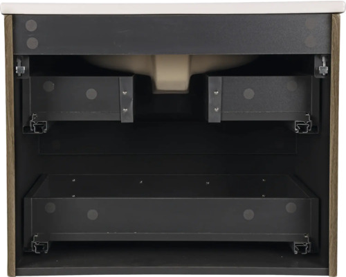 Interiör av ett tvättställsskåp med lådor