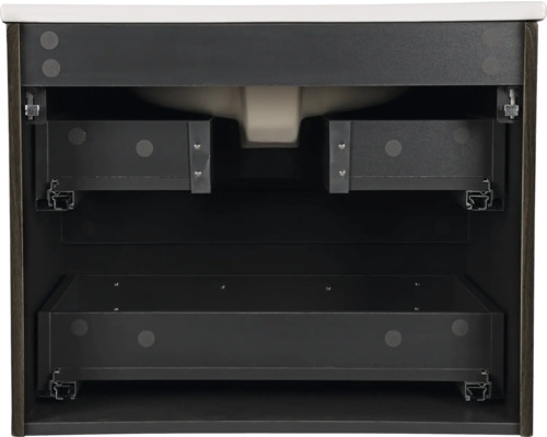 Invändig vy av ett tvättställsskåp med lådor