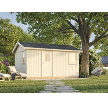 Trädgårdshus i trä med fönster och dörr i trädgården