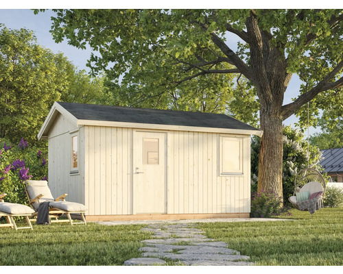 Trädgårdshus i trä med fönster och dörr i trädgården