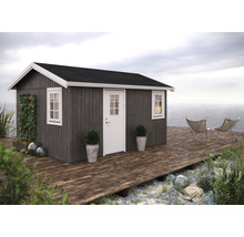 Trädgårdshus med trägolv, dörr, fönster och dekoration