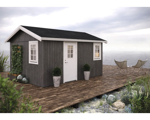 Trädgårdshus med trägolv, dörr, fönster och dekoration