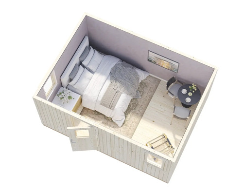 Interiörbild av ett trädgårdshus med säng, bord och stolar