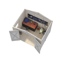 Interiörbild av ett trädgårdshus i trä med arbetsbänk och verktyg