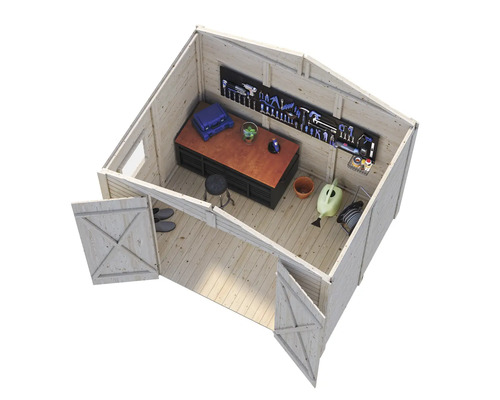 Interiörbild av ett trädgårdshus i trä med arbetsbänk och verktyg