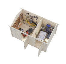 Interiör av ett trädgårdshus i trä med hyllor, verktyg och trädgårdsutrustning