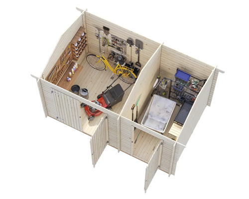 Interiör av ett trädgårdshus i trä med hyllor, verktyg och trädgårdsutrustning