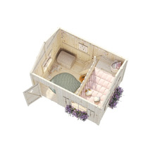 Lekhus i trä med inredning och blomlådor