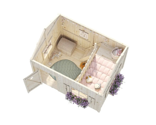 Lekhus i trä med inredning och blomlådor