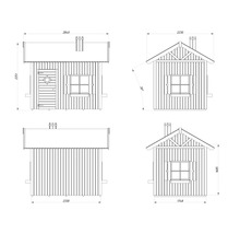 Teknisk ritning av ett trädgårdshus med dimensioner