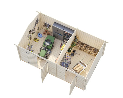 Interiör av ett trädgårdshus i trä med trädgårdsredskap, gräsklippare och vedförvaring