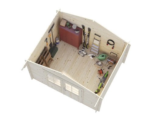 Interiör av ett trädgårdshus med verktyg, utrustning och möbler