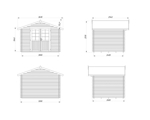 Teknisk ritning av ett trädgårdshus med mått.