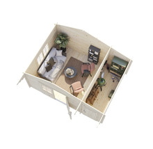 Interiörbild av ett trähus med möbler och tillbehör