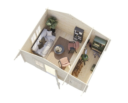 Interiörbild av ett trähus med möbler och tillbehör