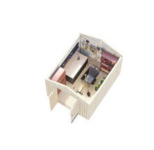 Interiörbild av ett ljust trädgårdsskjul med arbetsbänk, verktygsvägg, skåp, hylla och skottkärra