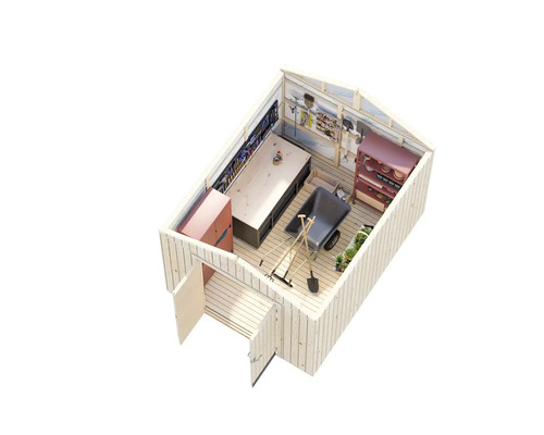 Interiörbild av ett ljust trädgårdsskjul med arbetsbänk, verktygsvägg, skåp, hylla och skottkärra