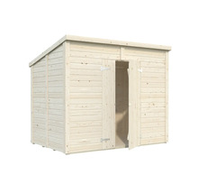 Trädgårdshus i trä med dubbeldörr, delvis öppen för förvaring