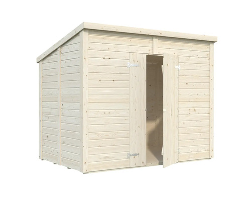 Trädgårdshus i trä med dubbeldörr, delvis öppen för förvaring