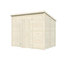 Trädgårdshus i trä med enkel dörr och sadeltak