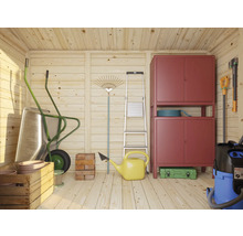 Trädgårdsskjul interiör med skottkärra, kratta, stege och förvaringsskåp