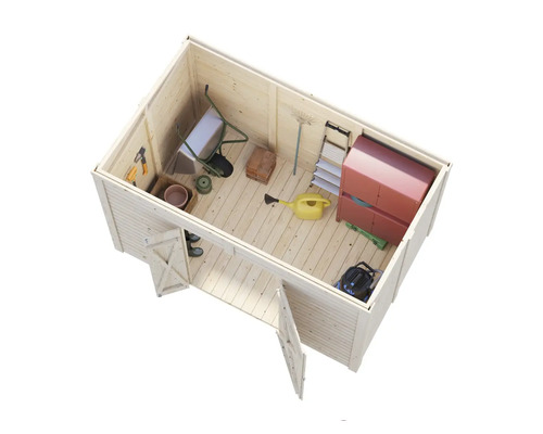 Interiörvy av ett trädgårdsskjul med trädgårdsredskap och utrustning