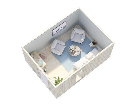 Interiörbild av ett trädgårdshus i trä med möbler, inklusive fåtöljer, en soffa, ett bord och dekoration