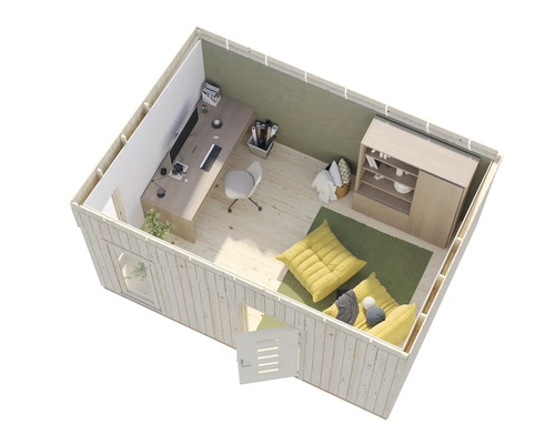 Interiörbild av ett trädgårdshus med skrivbord, stol, förvaringsmöbler och sittdynor