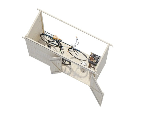 Cykelgarage i trä med öppen dörr, cykel, fotboll och låda