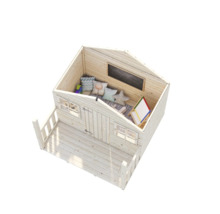 Lekhus i trä med veranda, fönster, griffeltavla, staffli och kuddar