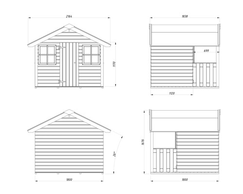 Teknisk ritning av ett trädgårdshus med mått
