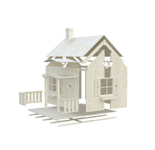 Sprängskiss av en lekstuga i trä för trädgården med veranda och fönster