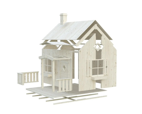 Sprängskiss av en lekstuga i trä för trädgården med veranda och fönster