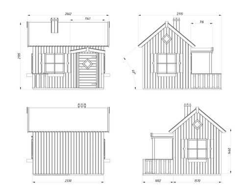 Teknisk ritning av ett trädgårdshus med måttangivelser