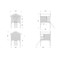 Teknisk ritning av en lekstuga med rutschkana och stege med olika dimensioner