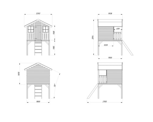 Teknisk ritning av en lekstuga med rutschkana och stege med olika dimensioner