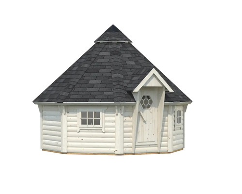 Grillkåta av trä med takspån och fönster