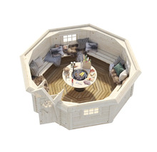 Åttkantig grillkåta med sittbänkar och grillbord i mitten